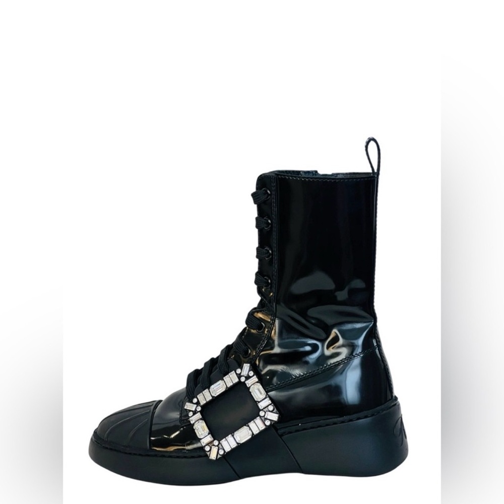 Roger Vivier Black Patent Leather Lace-Up Ankle Boots with Crystal Buckle